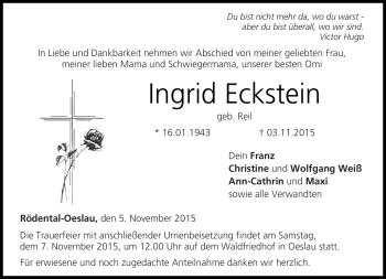 Traueranzeige von Ingrid Eckstein von Neue Presse Coburg