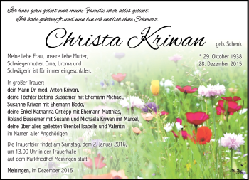 Traueranzeige von Christa Kriwan von Südthüringer Presse