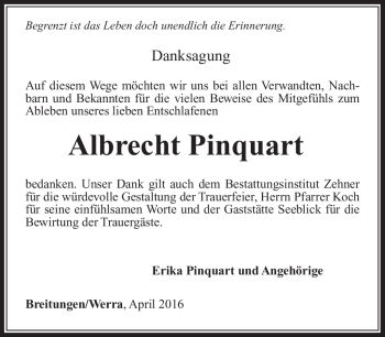 Traueranzeige von Albrecht Pinquart von Südthüringer Presse