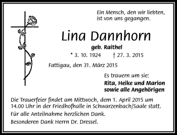 Traueranzeige von Lina Dannhorn von Frankenpost