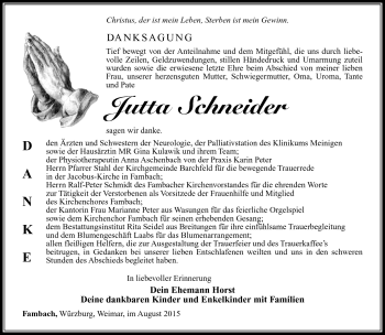 Traueranzeige von Jutta Schneider von Südthüringer Presse