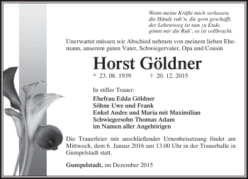 Traueranzeige von Horst Göldner von Südthüringer Presse