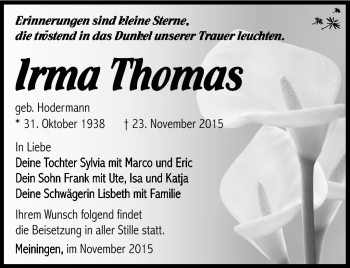 Traueranzeige von Irma Thomas von Südthüringer Presse