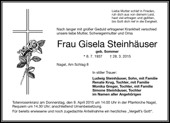Traueranzeige von Gisela Steinhäuser von Frankenpost