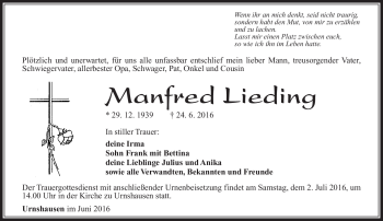Traueranzeige von Manfred Lieding von Südthüringer Presse