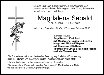 Traueranzeige von Magdalena Sebald von Frankenpost