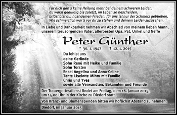 Traueranzeige von Peter Günther von Südthüringer Presse