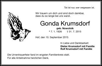 Traueranzeige von Gonda Krumsdorf von Frankenpost