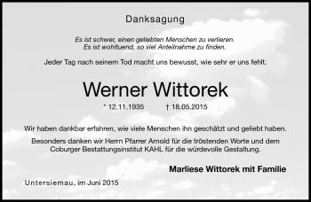 Traueranzeige von Werner Wittorek von Neue Presse Coburg
