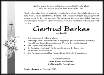 Traueranzeige von Gertrud Berkes von Südthüringer Presse