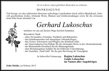 Traueranzeige von Gerhard Lukoschus von Südthüringer Presse