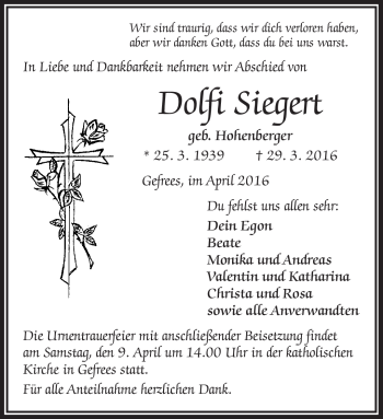 Traueranzeige von Adolfine Siegert von Frankenpost