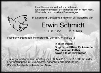 Traueranzeige von Erwin Schmidt von Frankenpost