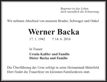 Traueranzeige von Werner Backa von Südthüringer Presse