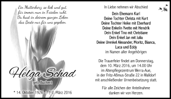 Traueranzeige von Helga Schad von Südthüringer Presse
