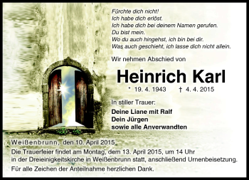 Traueranzeige von Heinrich Karl von Neue Presse Coburg