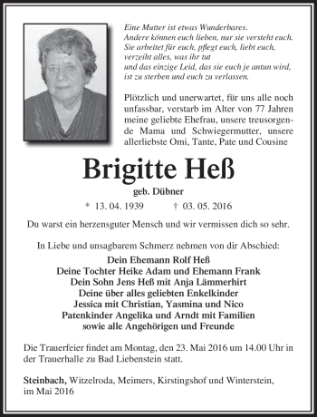 Traueranzeige von Brigitte Heß von Südthüringer Presse