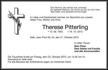 Traueranzeige von Therese Pitterling von Frankenpost
