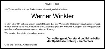 Traueranzeige von Werner Winkler von Neue Presse Coburg