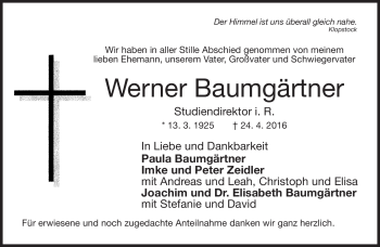 Traueranzeige von Werner Baumgärtner von Neue Presse Coburg
