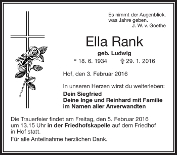 Traueranzeige von Ella Rank von Frankenpost