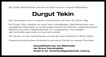 Traueranzeige von Durgut Tekin von Neue Presse Coburg