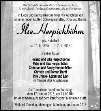 Traueranzeige von Ilse Herpichböhm von Südthüringer Presse