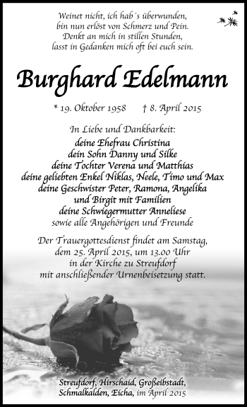 Traueranzeige von Burghard Edelmann von Südthüringer Presse