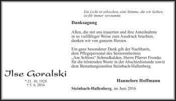 Traueranzeige von Ilse Goralski von Südthüringer Presse