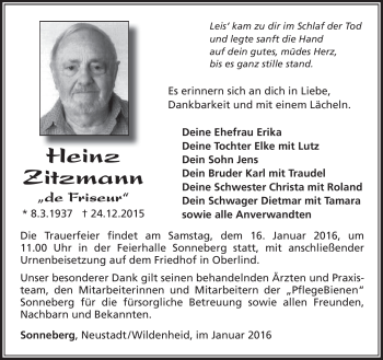 Traueranzeige von Heinz Zitzmann von Südthüringer Presse