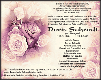 Traueranzeige von Doris Schrodt von Südthüringer Presse