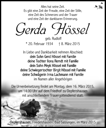 Traueranzeige von Gerda Hössel von Südthüringer Presse
