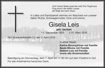 Traueranzeige von Gisela Leis von Frankenpost