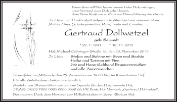 Traueranzeige von Gertraud Dollwetzel von Frankenpost