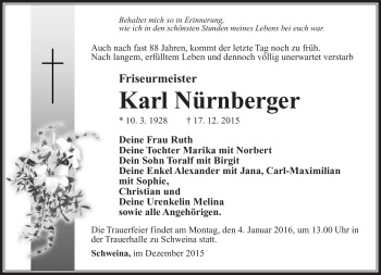 Traueranzeige von Karl Nürnberger von Südthüringer Presse