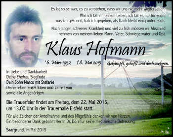 Traueranzeige von Klaus Hofmann von Südthüringer Presse