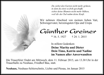 Traueranzeige von Günther Greiner von Südthüringer Presse