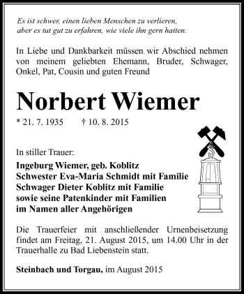 Traueranzeige von Norbert Wiemer von Südthüringer Presse