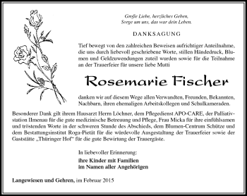 Traueranzeige von Rosemarie Fischer von Südthüringer Presse
