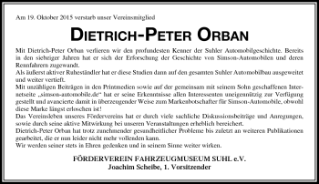 Traueranzeige von Dietrich-Peter Orban von Südthüringer Presse