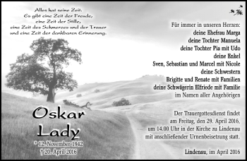 Traueranzeige von Oskar lady von Südthüringer Presse