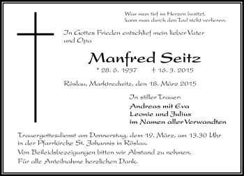Traueranzeige von Manfred Seitz von Frankenpost