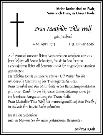 Traueranzeige von Mathilde-Tilla Wolf von Südthüringer Presse