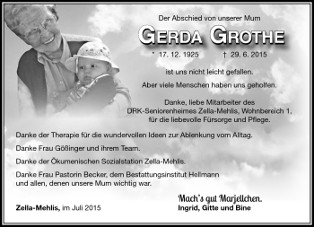 Traueranzeige von Gerda Grothe von Südthüringer Presse
