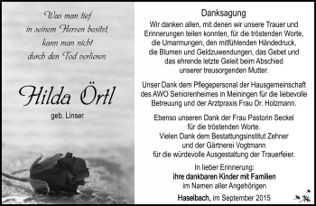 Traueranzeige von Hilda Örtl von Südthüringer Presse