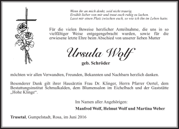 Traueranzeige von Ursula Wolf von Südthüringer Presse