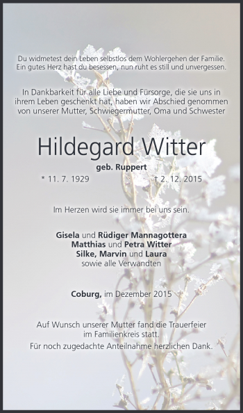 Traueranzeige von Hildegard Witter von Neue Presse Coburg