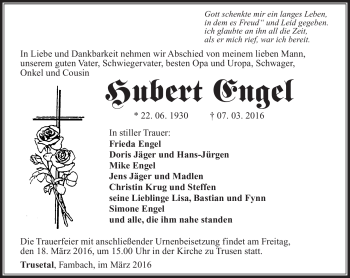 Traueranzeige von Hubert Engel von Südthüringer Presse