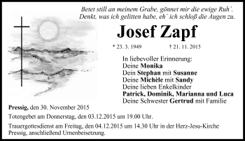 Traueranzeige von Josef Zapf von Neue Presse Coburg