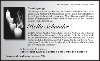 Traueranzeige von Hella Schunder von Südthüringer Presse